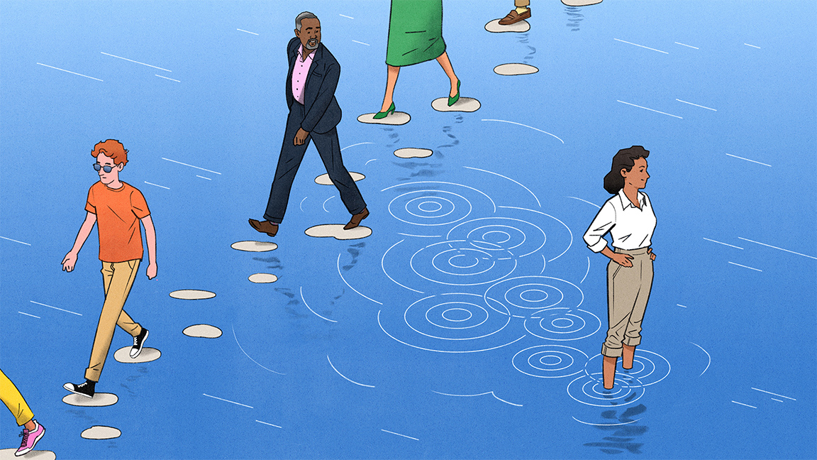 Off the Path Conceptual editorial illustration of a stream dotted by walking stones. People walk across the stones, while one man looks out at a woman who has strayed from the path, and looks down/up river. Illustration by Jori Bolton for Harvard Business Review.