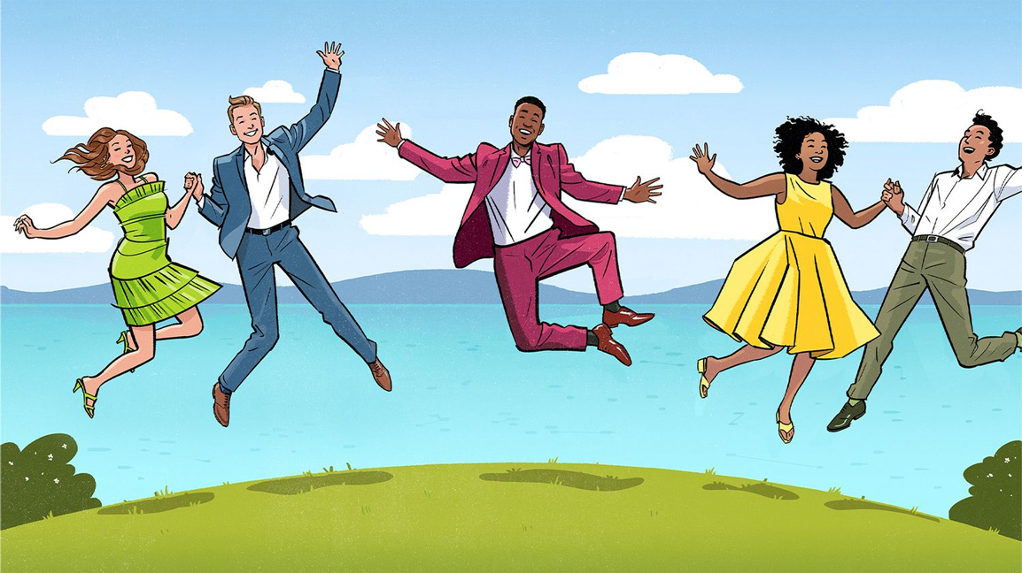 Solo at a Wedding Editorial illustration of two couples and a lone man in wedding guest attire, excitedly leaping into the air. Illustration by Jori Bolton for the Mr Porter Journal.