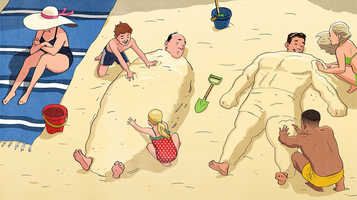 Beach Body Editorial illustration of people playing at a beach. A man is being buried up to his neck by his children in an amorphous pile of sand while a younger man is being buried in a pile of sand by other young people, and the sand is shaped like a muscular body. Illustration by Jori Bolton for the Mr Porter Journal.