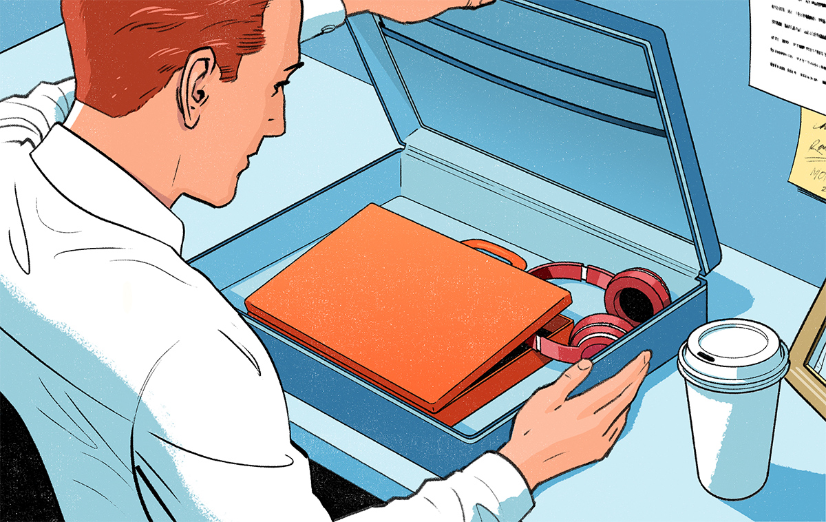 Conceptual editorial illustration of a man opening a brief case and finding a smaller briefcase inside, with a pair of over-ear headphones in the corner. Illustration by Jori Bolton for Harvard Business Review.