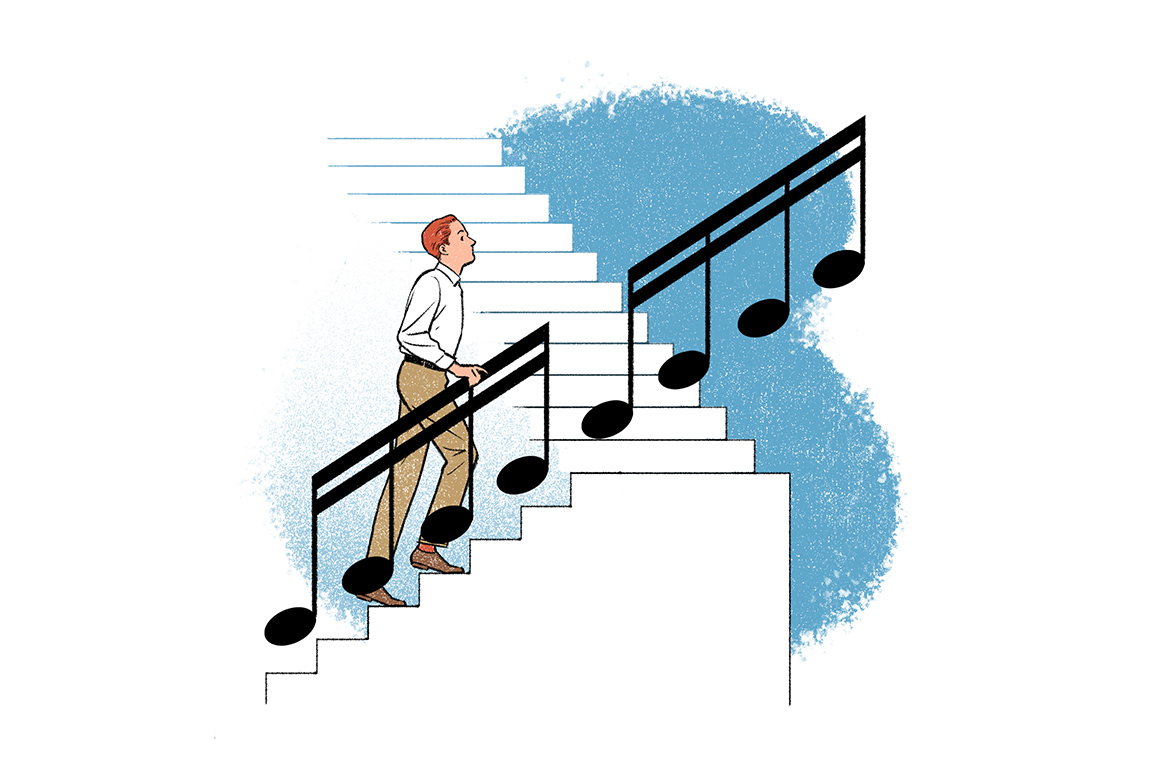 Stairs or Railing? Conceptual editorial illustration of a man walking up stairs that turn sharply to the left. The railing, continues straight up without stairs, and is shaped like musical 16th notes. Illustration by Jori Bolton for Harvard Business Review.