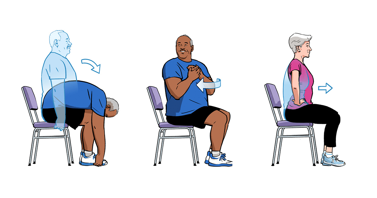 Take a Seat, instructional illustrations Instructional exercise illustrations of a seated man bending forward to touch his toes, a seated man twisting to the right, and a seated woman moving her diaphragm forward and backward. Illustration by Jori Bolton for Renaissance Magazine, Entente Education Canada, and Hambly & Woolley.