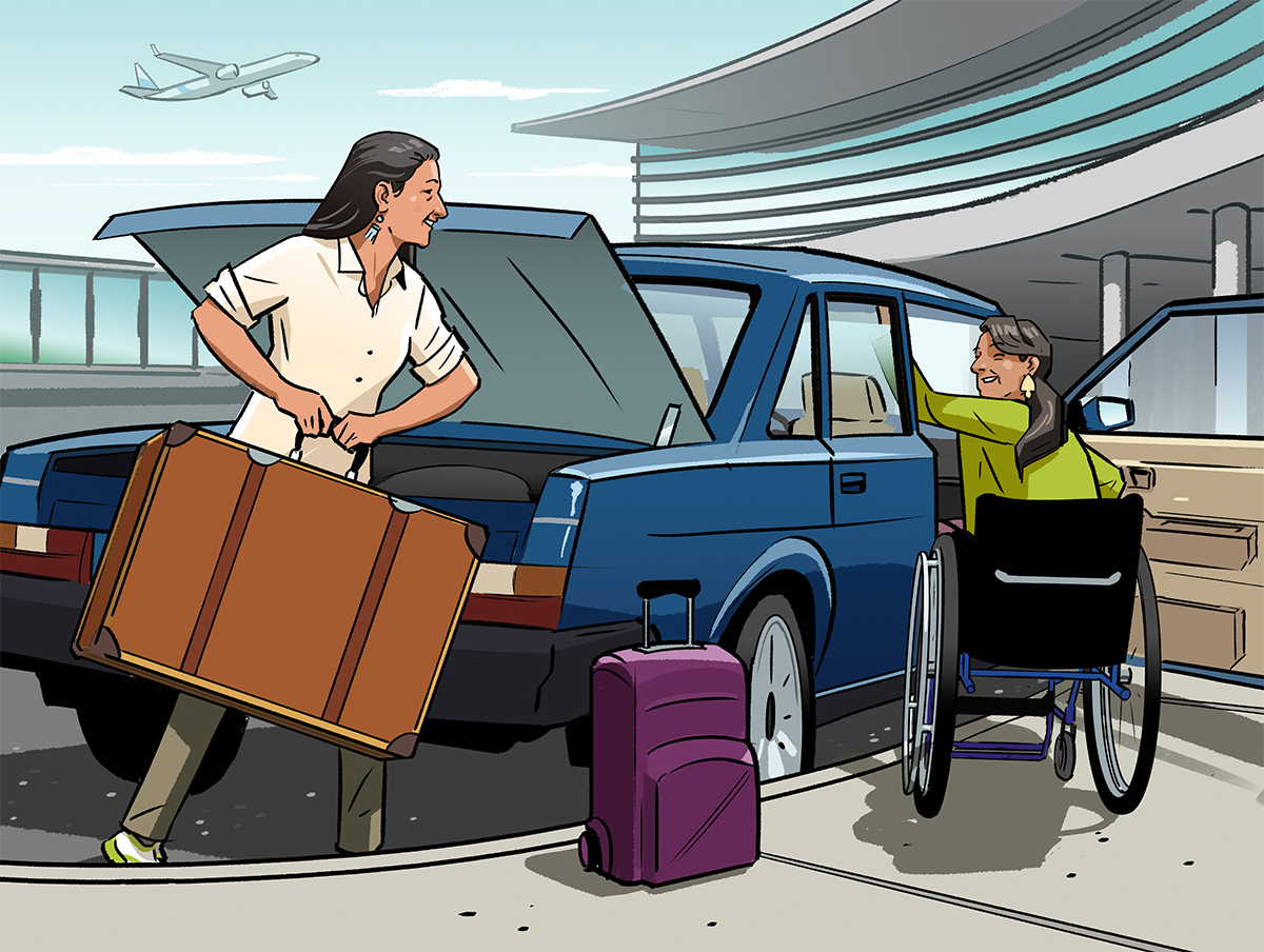 Drop Off Illustration of a woman hoisting a suitcase by the open trunk of a sedan at an airport drop off, while a woman in a wheelchair gets into the passenger seat. Illustration by Jori Bolton for Renaissance Magazine, Entente Education Canada, and Hambly & Woolley.