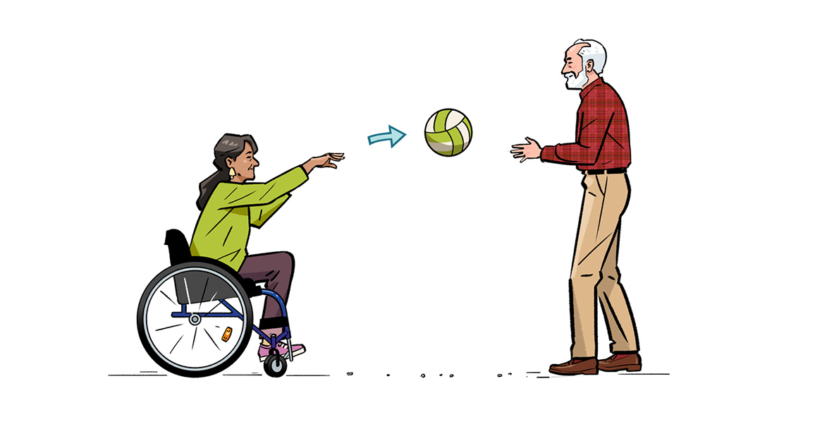 Ball Throw Illustration of a woman in a wheelchair throwing a volleyball to a standing man. Illustration by Jori Bolton for Renaissance Magazine, Entente Education Canada, and Hambly & Woolley.