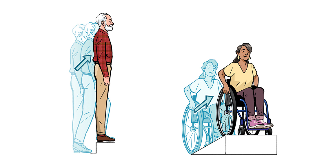 Move Up Two instructional exercise illustrations, one of a man stepping up a stair step, and another of a woman in a wheelchair roilling up a slope. Illustration by Jori Bolton for Renaissance Magazine, Entente Education Canada, and Hambly & Woolley.