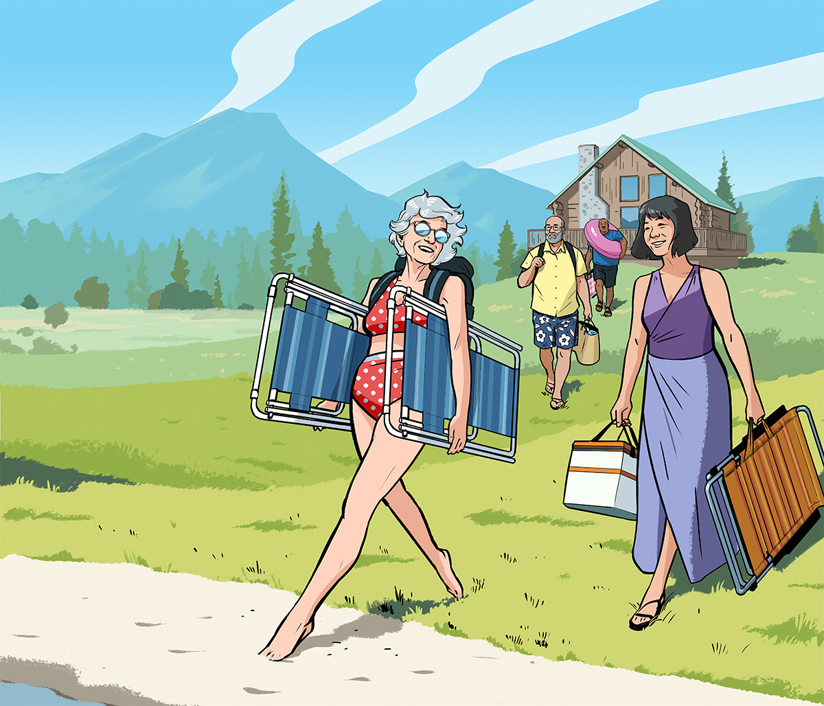 Editorial illustration of a grey-haired woman stepping from grass onto a sandy beach, while wearing a red and white polka-dot two-piece swimsuit and carrying two foldable lawnchairs. Illustration by Jori Bolton for Renaissance Magazine, Entente Education Canada, and Hambly & Woolley