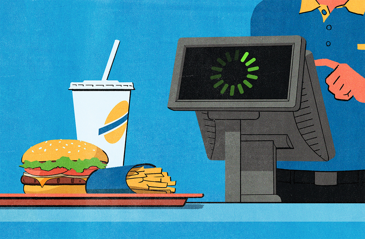 Conceptual editorial illustration of a fast food counter, with a tray on it that is holding a burger, fries, and a drink, and on the cash register display is a loading symbol digital pinwheel. Illustration by Jori Bolton for Harvard Business Review.