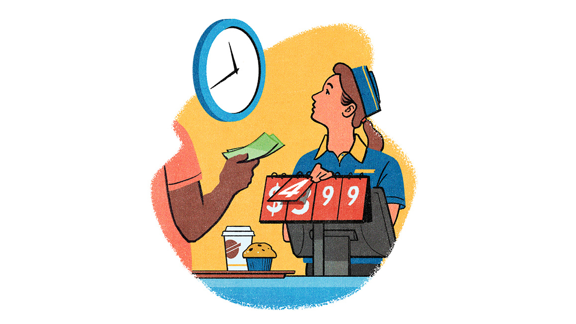 Editorial illustration of a worker at a fast food restaurant, who is looking at a clock and adjusting the price on a flip-card style object. Illustration by Jori Bolton for Harvard Business Review.
