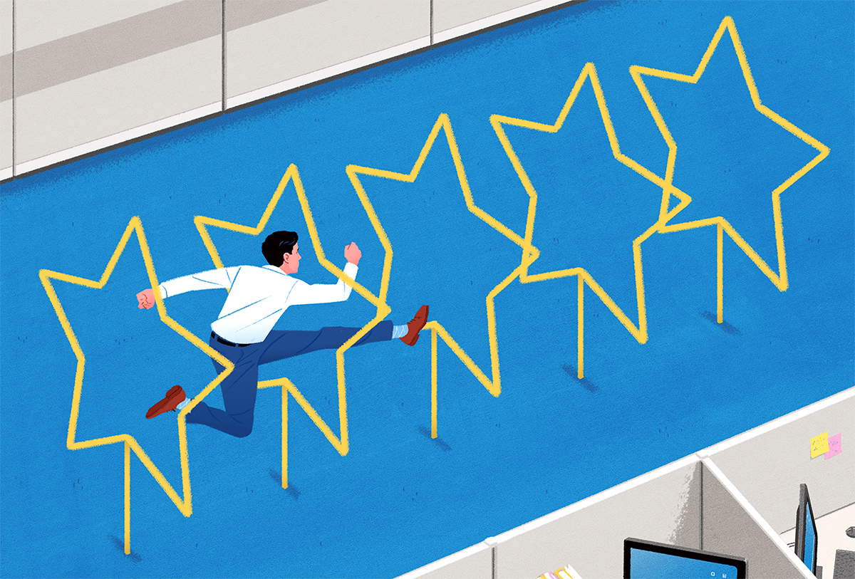 Conceptual editorial illustration of a man in an office, and the man is leaping through one of five star-shaped hoops. Illustration by Jori Bolton for Harvard Business Review.