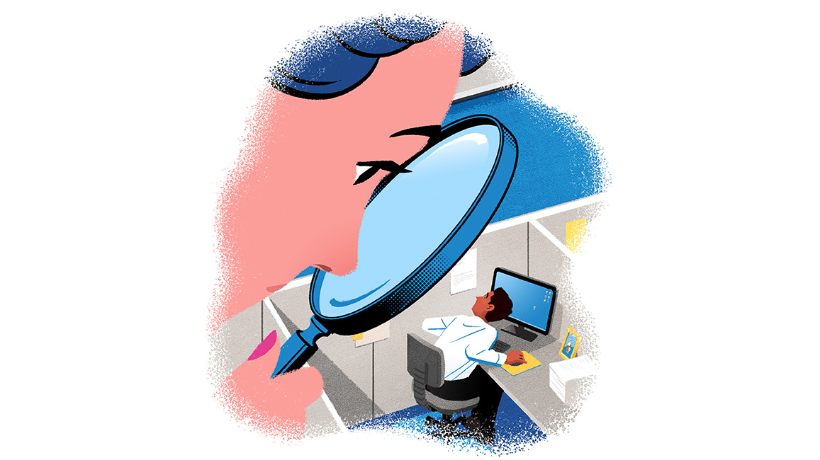 Are You Working? Conceptual editorial illustration of a man in an office cubicle, while a giant woman examines him with a magnifying glass. Illustration by Jori Bolton for Harvard Business Review.