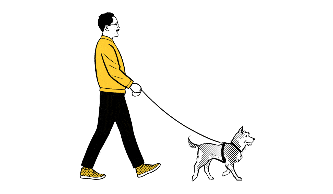 Animated gif of a man walking his dog, as seen from the side. Illustration by Jori Bolton for EQ Bank.