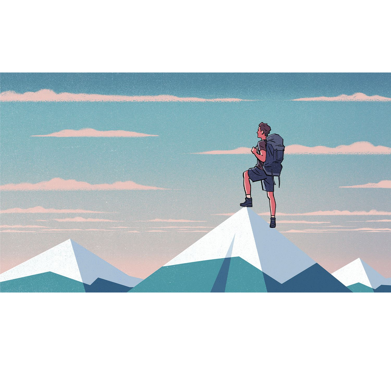 Editorial illustration of a man on a snowy mountain peak. Illustration by Jori Bolton for the Mr Porter Journal.